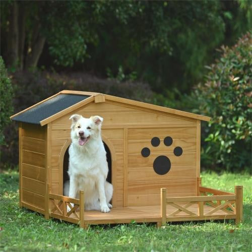 48" Wooden Dog House with Porch &amp; Fence – Weatherproof Outdoor Kennel for Medium Dogs