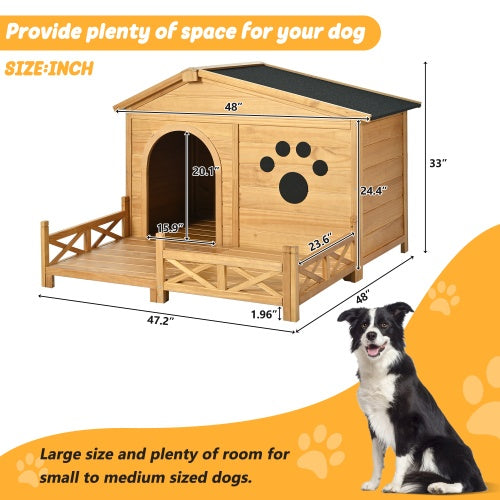 48" Wooden Dog House with Porch &amp; Fence – Weatherproof Outdoor Kennel for Medium Dogs
