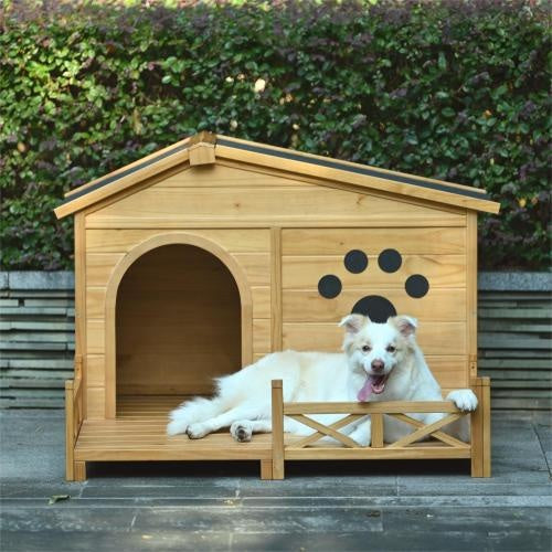 48" Wooden Dog House with Porch &amp; Fence – Weatherproof Outdoor Kennel for Medium Dogs