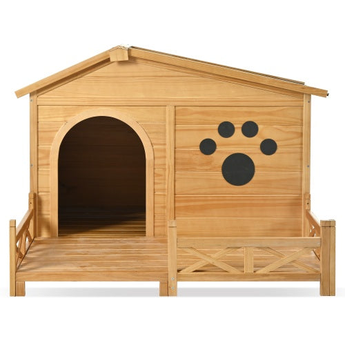 48" Wooden Dog House with Porch &amp; Fence – Weatherproof Outdoor Kennel for Medium Dogs