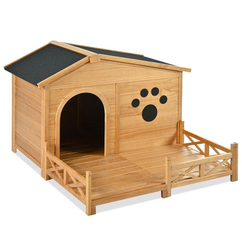 48" Wooden Dog House with Porch &amp; Fence – Weatherproof Outdoor Kennel for Medium Dogs