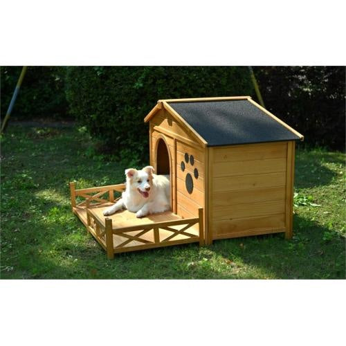 48" Wooden Dog House with Porch &amp; Fence – Weatherproof Outdoor Kennel for Medium Dogs
